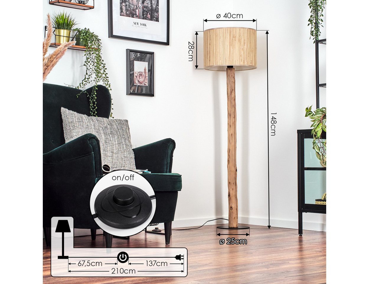 hofstein Stehlampe Stehlampe aus Metall/Holz/Seegras/Stoff in Schwarz/Natur/Beige, ohne Leuchtmittel, Stehleuchte im modernen Boho-Design (40 cm), Höhe 148 cm, E27 Bild 3