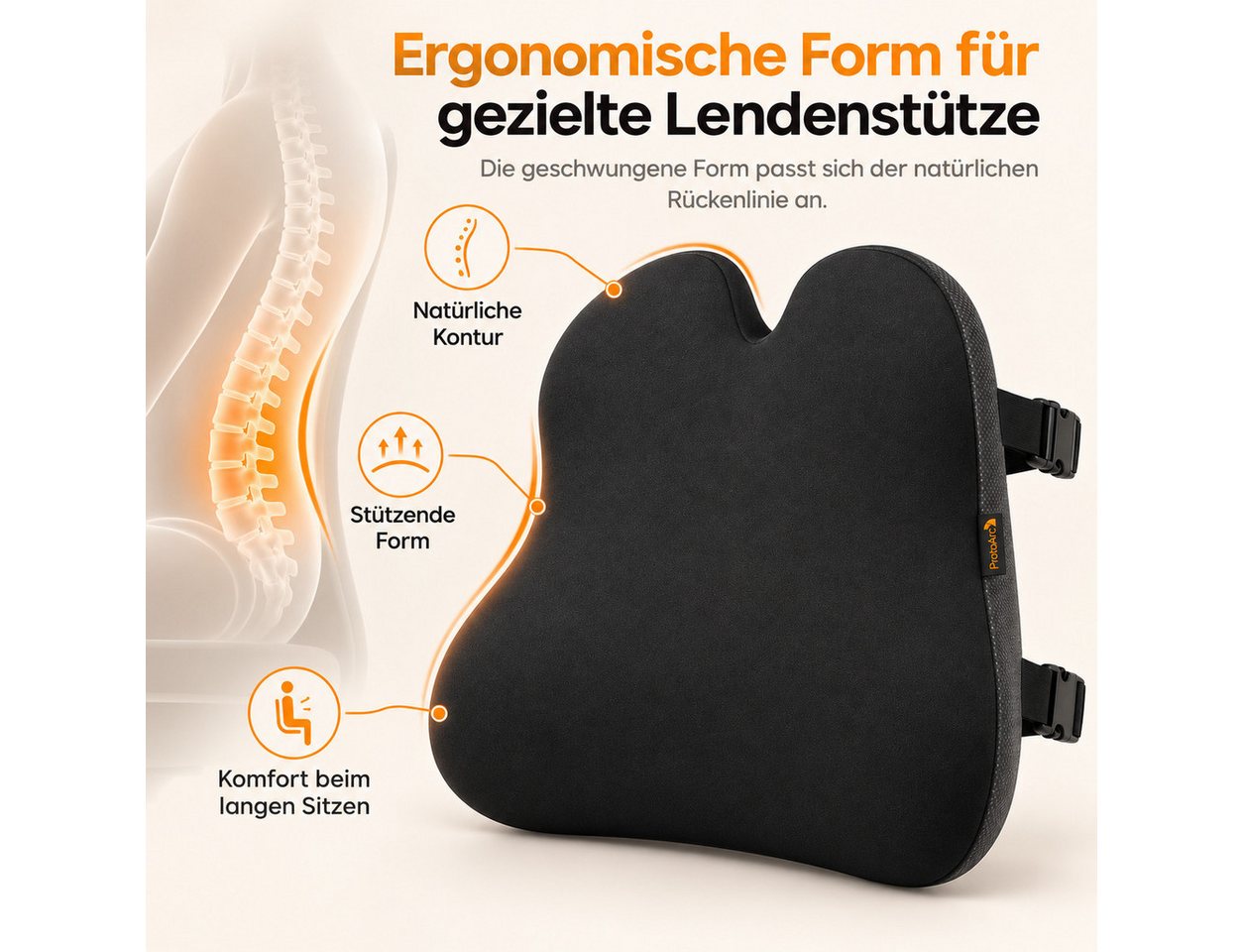 ProtoArc Sitzkissen Ergonomisches Sitzkissen, 10 cm Memory Foam für Büro & Auto, Lendenkissen Memory Foam ergonomisch für Büro & Auto Bild 2
