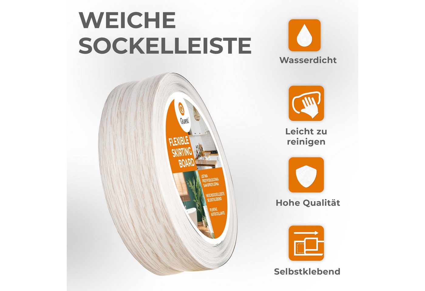 Quest Sockelleiste Weichsockelleiste Selbstklebend 50x20 mm, L: 500,00 cm, H: 5,00 cm, Packung, 1-St., wasserfest, UV-beständig, für Küche & Bad Bild 4