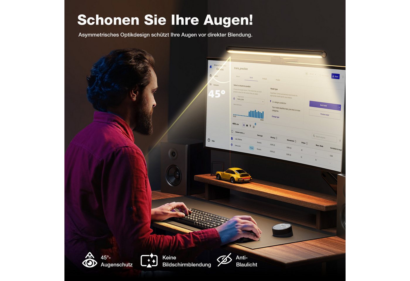 Insma LED Schreibtischlampe Monitor Lampe, LED Screenbar dimmbar mit Touch Fernbedienung, LED fest integriert, Einstellbare Farbtemperatur, Memory-Funktion, 45° schwenkbar Bild 4