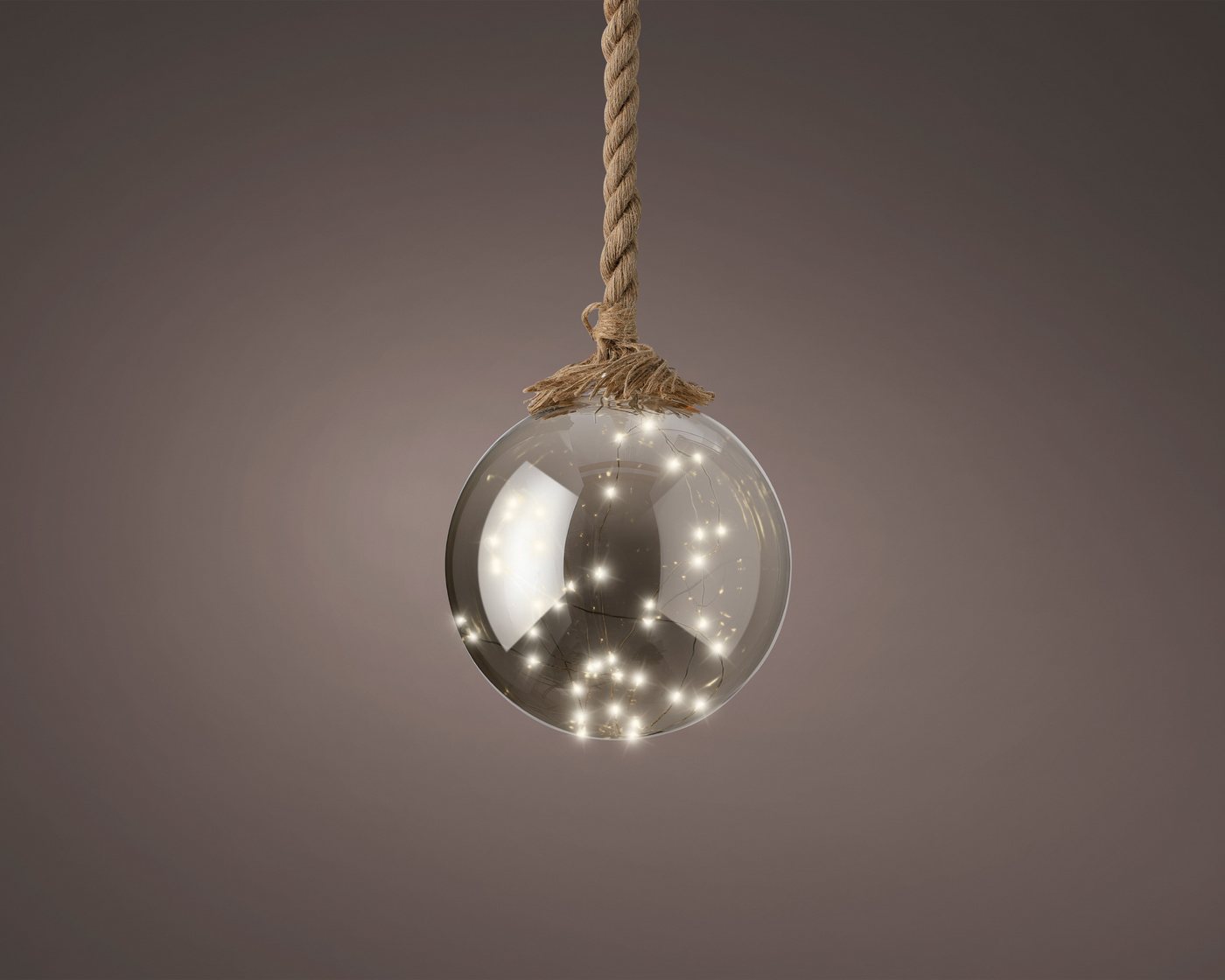 Lumineo LED Dekofigur, Dauerlicht, klassisch warm, LED Glaskugel mit Seil 19cm zum Aufhängen Klassisch Warm Grau