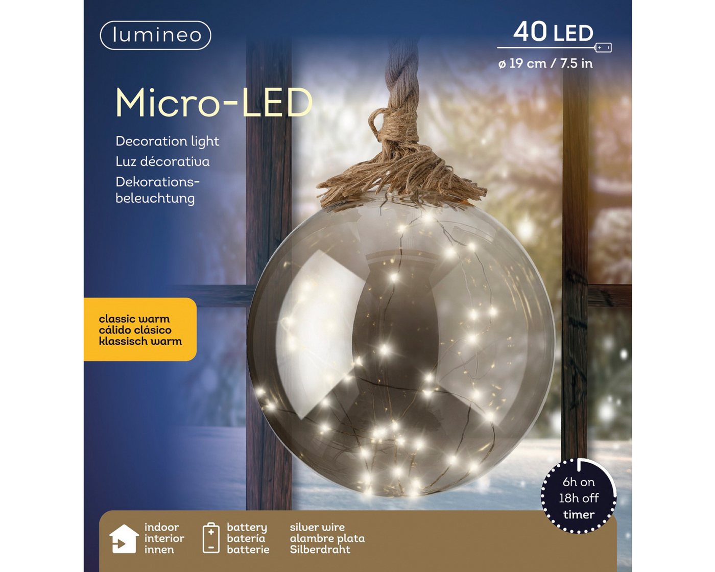 Lumineo LED Dekofigur, Dauerlicht, klassisch warm, LED Glaskugel mit Seil 19cm zum Aufhängen Klassisch Warm Grau Bild 3
