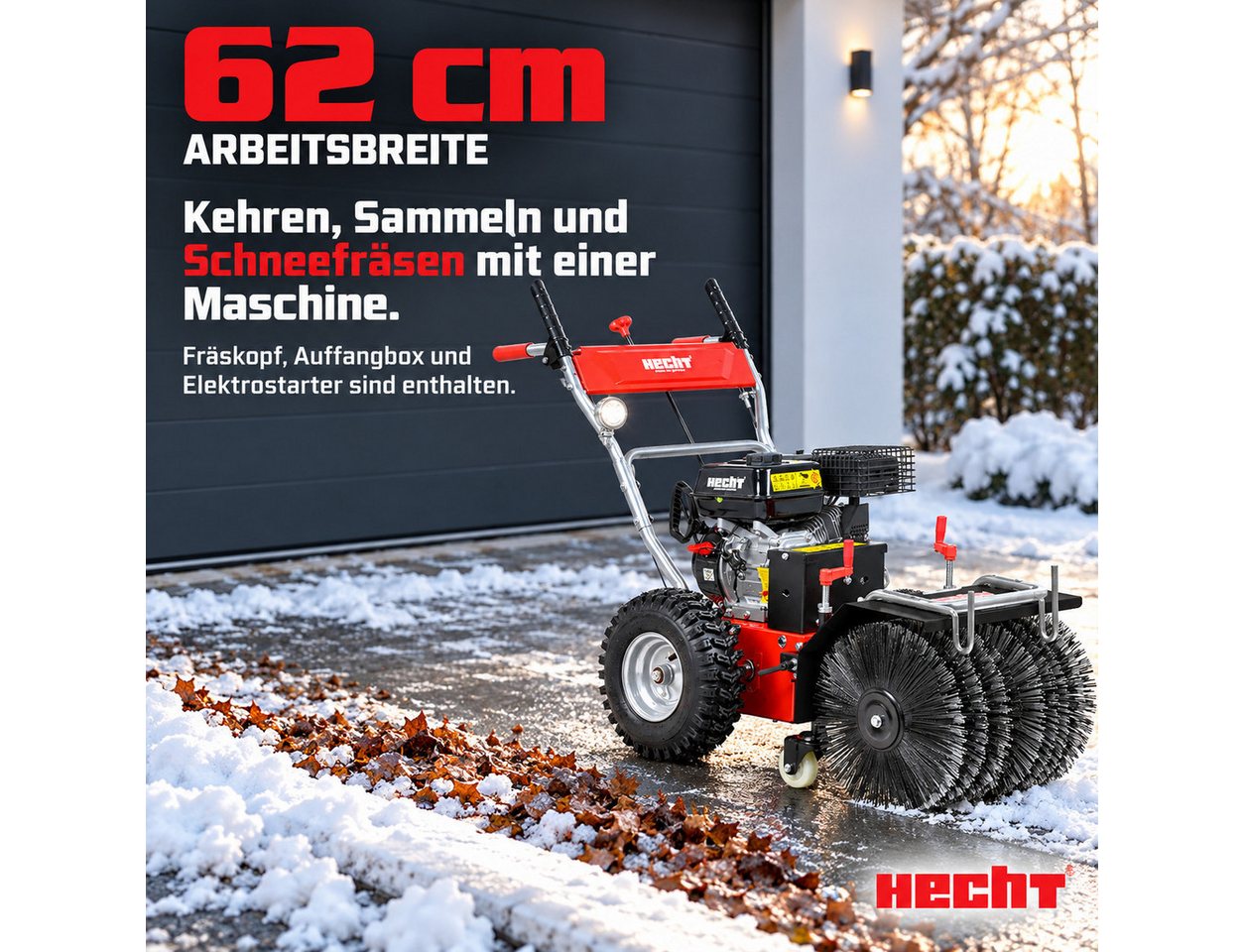 Hecht Benzin-Kehrmaschine 8616 SE mit Auffangbehälter, Schneefräse, 62,00 cm Arbeitsbreite, (3-tlg), Elektrostart, 6,5 PS. 230V