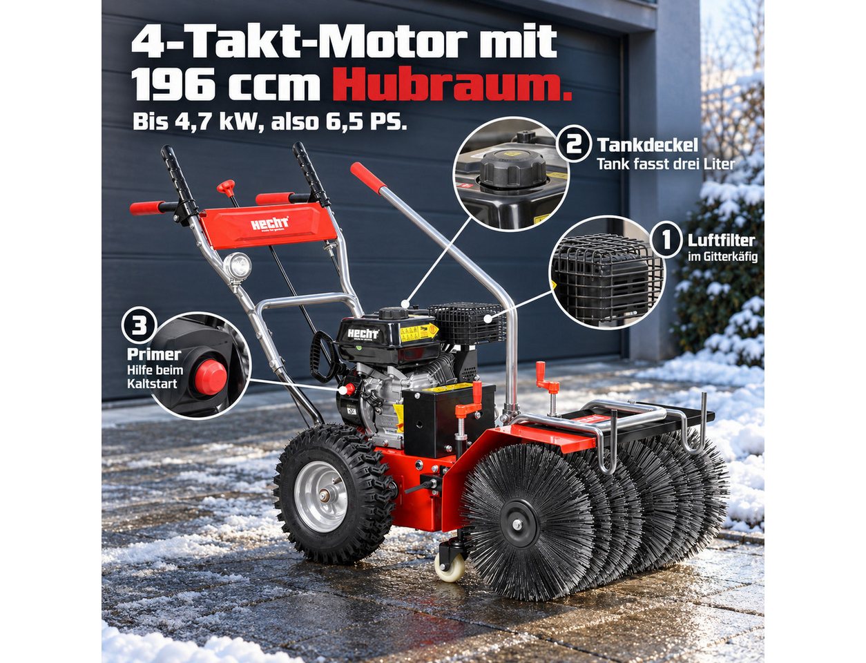 Hecht Benzin-Kehrmaschine 8616 SE mit Auffangbehälter, Schneefräse, 62,00 cm Arbeitsbreite, (3-tlg), Elektrostart, 6,5 PS. 230V Bild 2