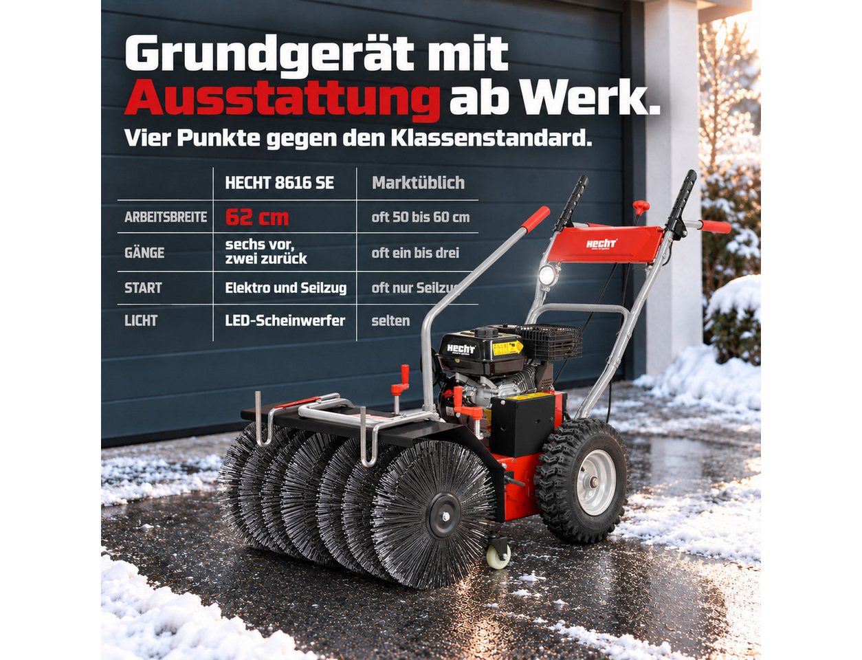 Hecht Benzin-Kehrmaschine 8616 SE mit Auffangbehälter, Schneefräse, 62,00 cm Arbeitsbreite, (3-tlg), Elektrostart, 6,5 PS. 230V Bild 5