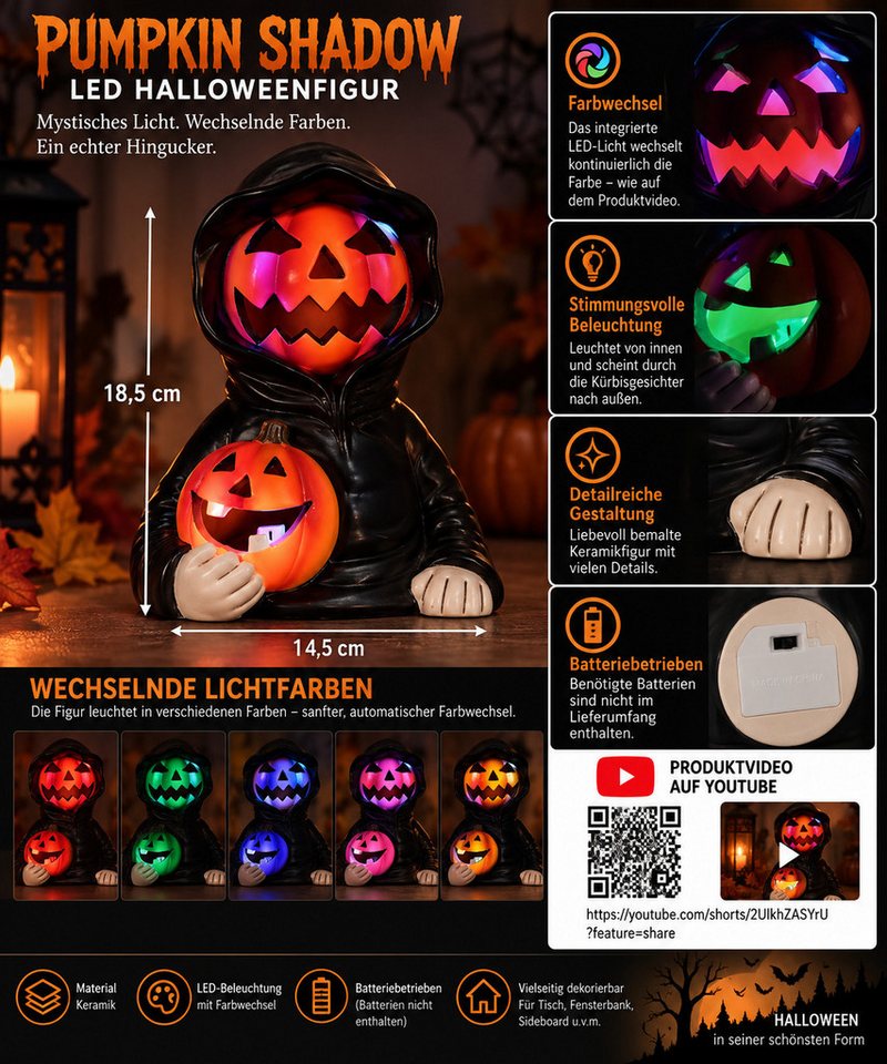 Mel-O-Design LED Dekofigur LED Halloweenfigur Pumpkin Shadow mit Farbwechsel 18,5 cm Bild 3