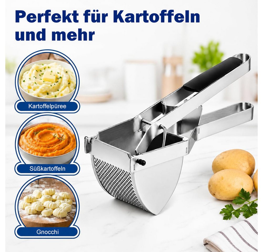 AFKSMILE Kartoffelpresse Kartoffelpresse Edelstahl, Kartoffelstampfer für Püree Babybrei Gemüse, Für cremiges Püree, Obst- & Gemüsebrei, Spätzle & Spaghetti-Eis