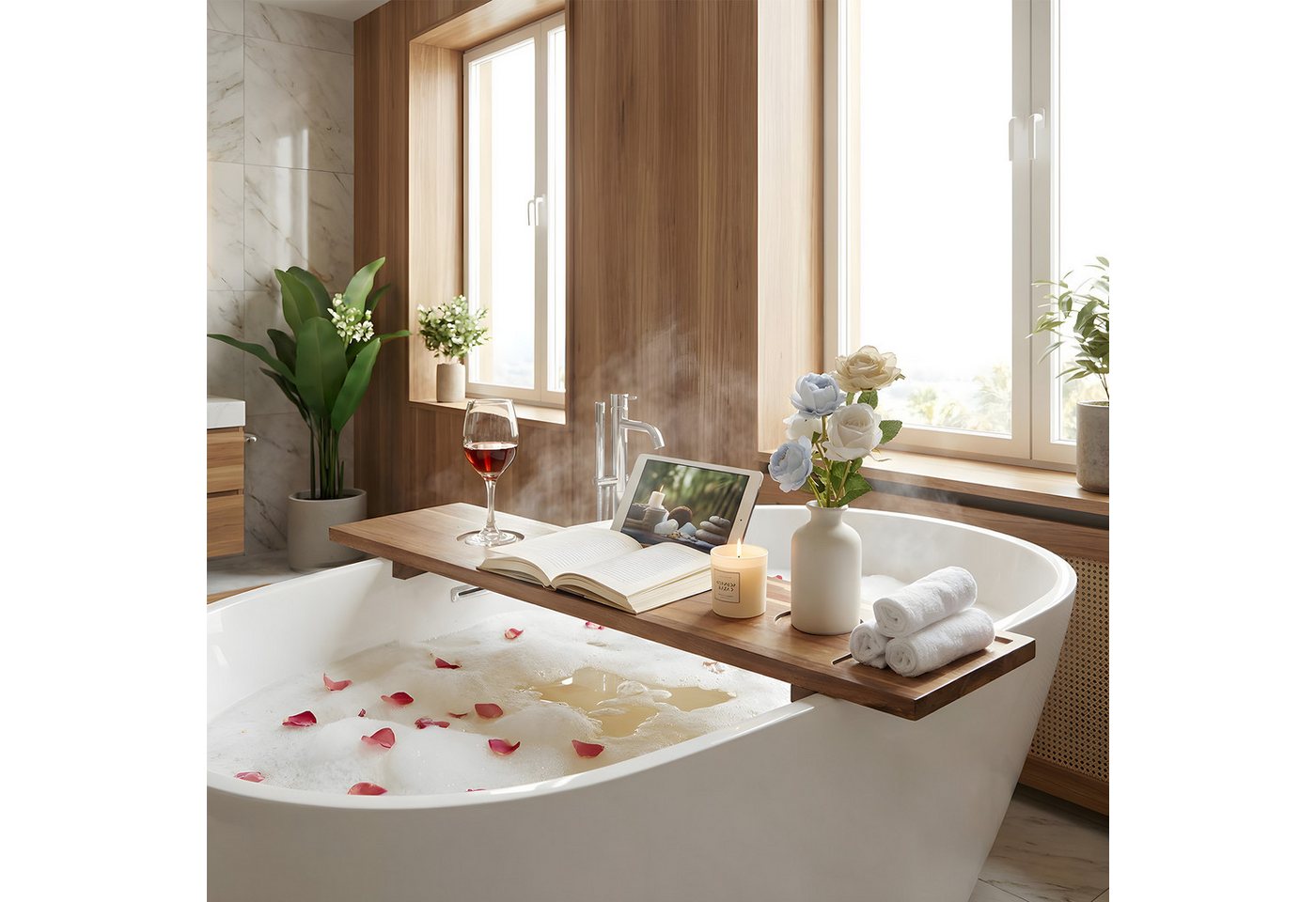 GarveeMore Badewannenablage aus Akazienholz mit Tabletfach und Glashalter, wasserfest, flexibel anpassbar, für Badewanne/Wellness/Entspannung, natur