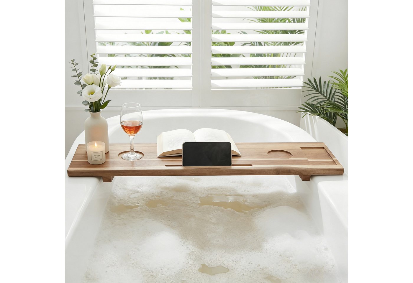 GarveeMore Badewannenablage aus Akazienholz mit Tabletfach und Glashalter, wasserfest, flexibel anpassbar, für Badewanne/Wellness/Entspannung, natur Bild 2