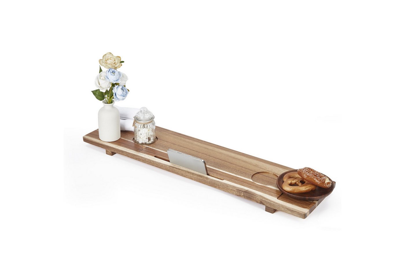 GarveeMore Badewannenablage aus Akazienholz mit Tabletfach und Glashalter, wasserfest, flexibel anpassbar, für Badewanne/Wellness/Entspannung, natur Bild 3