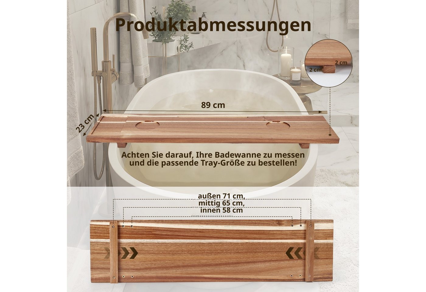 GarveeMore Badewannenablage aus Akazienholz mit Tabletfach und Glashalter, wasserfest, flexibel anpassbar, für Badewanne/Wellness/Entspannung, natur Bild 4