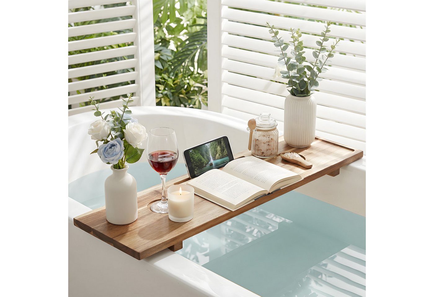 GarveeMore Badewannenablage aus Akazienholz mit Tabletfach und Glashalter, wasserfest, flexibel anpassbar, für Badewanne/Wellness/Entspannung, natur Bild 5