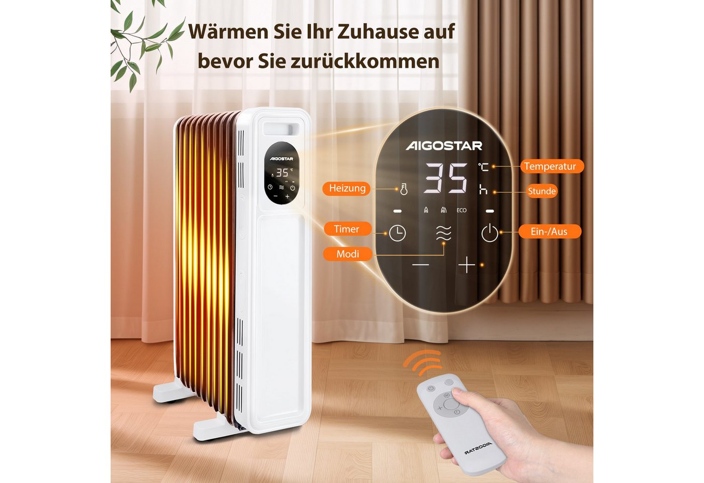 Aigostar Ölradiator Energiesparend Heizung Elektrisch mit Thermostat & Fernbedienung, 2500 W, ECO Modi, 3 Modi, 24H Timer, Kipp & Überhitzungsschutz