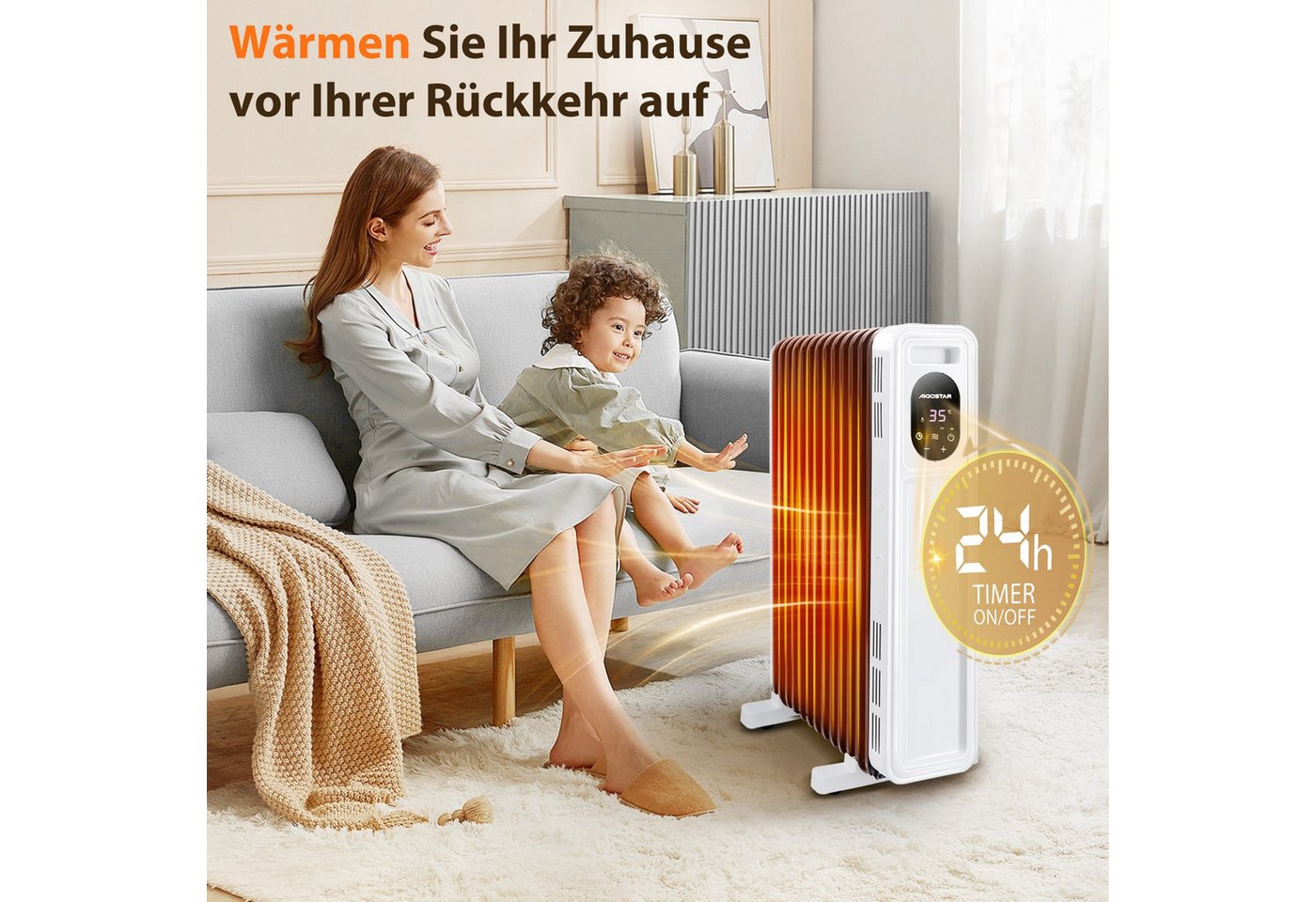 Aigostar Ölradiator Energiesparend Heizung Elektrisch mit Thermostat & Fernbedienung, 2500 W, ECO Modi, 3 Modi, 24H Timer, Kipp & Überhitzungsschutz Bild 3
