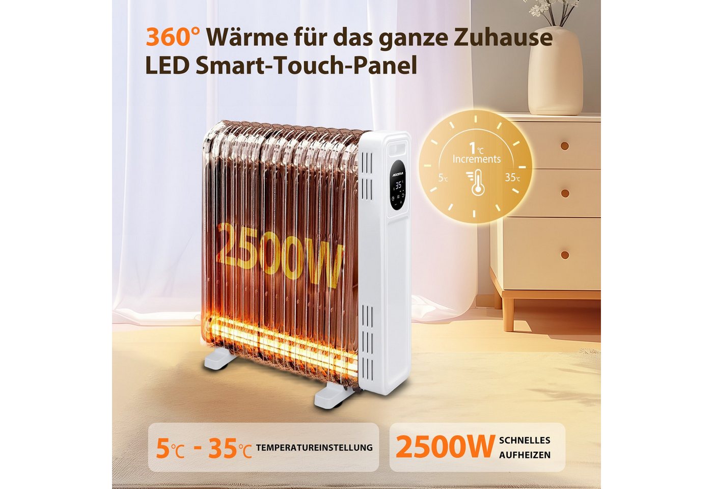 Aigostar Ölradiator Energiesparend Heizung Elektrisch mit Thermostat & Fernbedienung, 2500 W, ECO Modi, 3 Modi, 24H Timer, Kipp & Überhitzungsschutz Bild 5