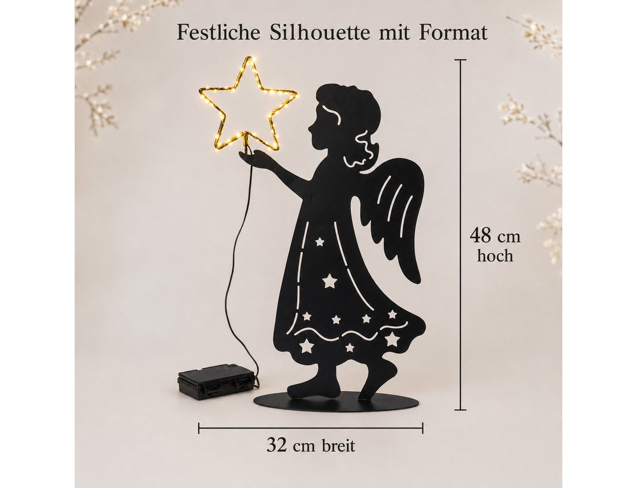 formano LED Dekolicht LED-Engel mit Leuchtstern Timer schwarzes Metall 48cm Weihnachtsdeko, LED fest integriert