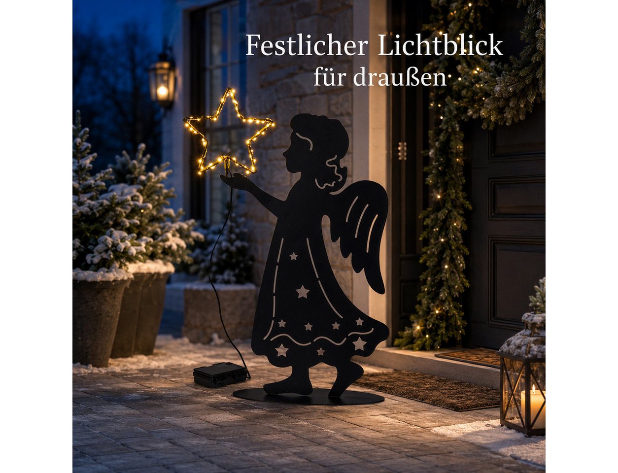 formano LED Dekolicht LED-Engel mit Leuchtstern Timer schwarzes Metall 48cm Weihnachtsdeko, LED fest integriert Bild 2