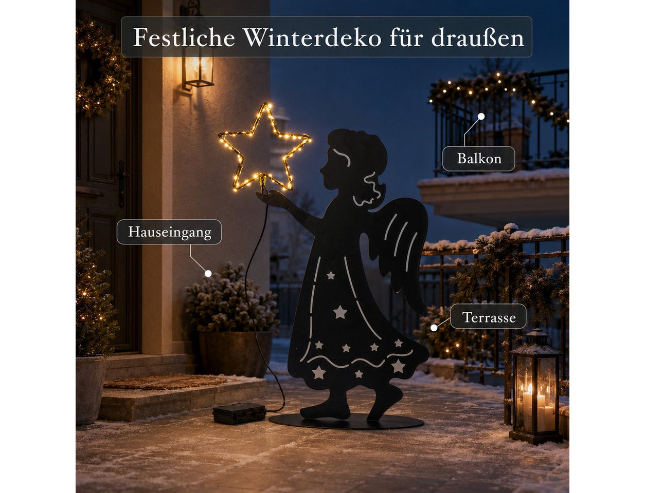 formano LED Dekolicht LED-Engel mit Leuchtstern Timer schwarzes Metall 48cm Weihnachtsdeko, LED fest integriert Bild 3