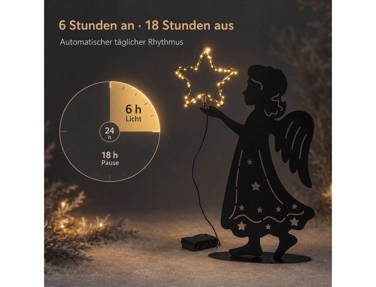 formano LED Dekolicht LED-Engel mit Leuchtstern Timer schwarzes Metall 48cm Weihnachtsdeko, LED fest integriert Bild 4