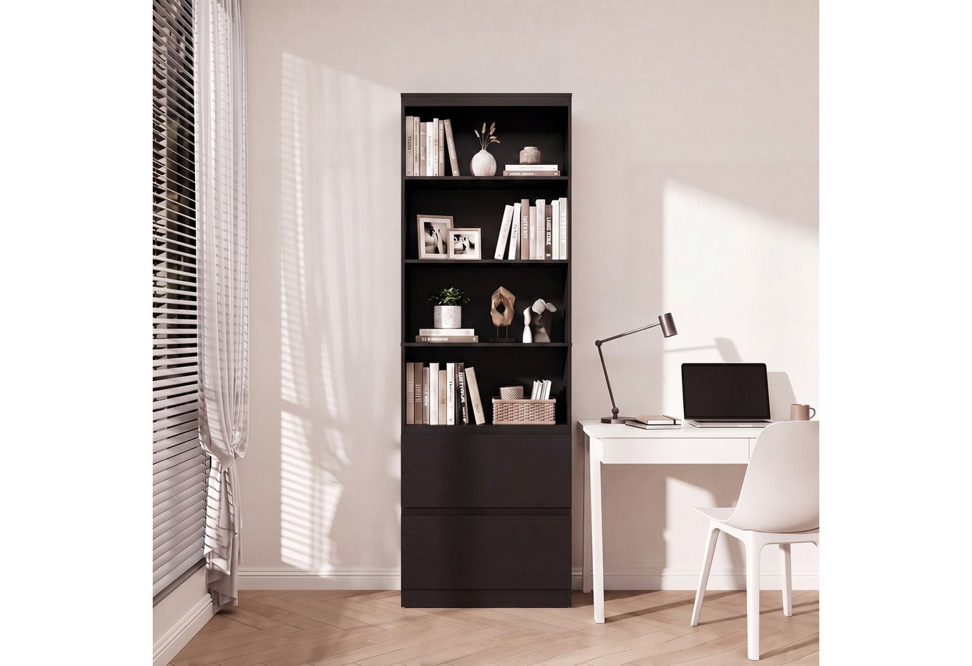 Blishom Bücherregal Schmales Bücherregal mit 4 Ablagen und 2 Schubladen, Offener Aufbewahrungsschrank mit Kippschutz Bild 2