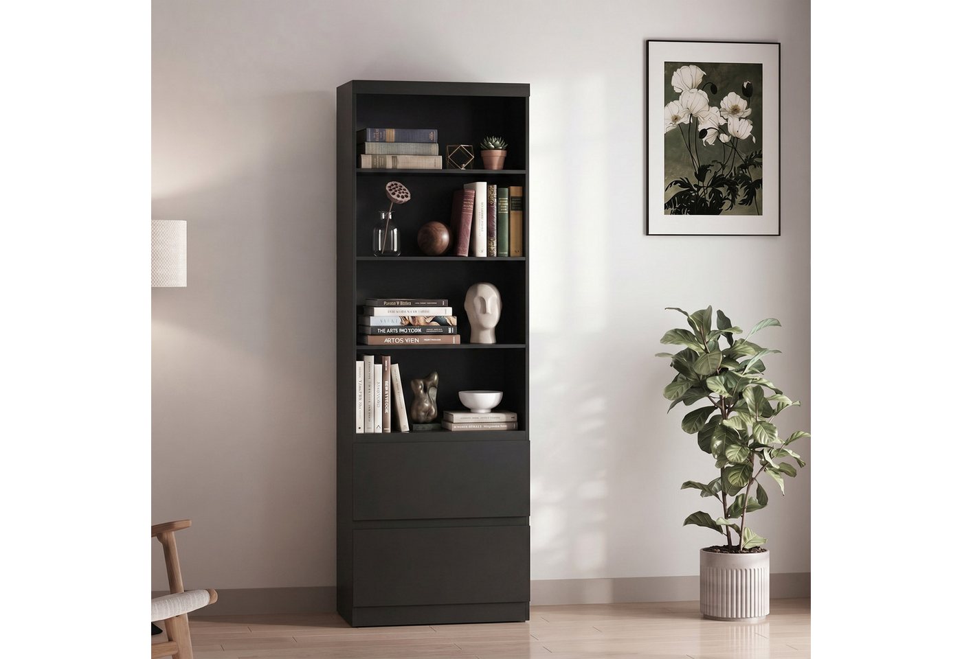 Blishom Bücherregal Schmales Bücherregal mit 4 Ablagen und 2 Schubladen, Offener Aufbewahrungsschrank mit Kippschutz Bild 3
