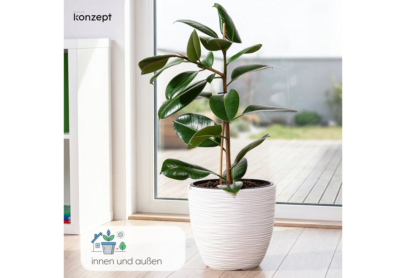 KONZEPT Blumentopf Ø 30 cm aus Kunststoff mit Einsatz, Meißelstruktur, Ovale Form, Herausnehmbarer Pflanzeinsatz, Indoor, Outdoor, Wetterfest