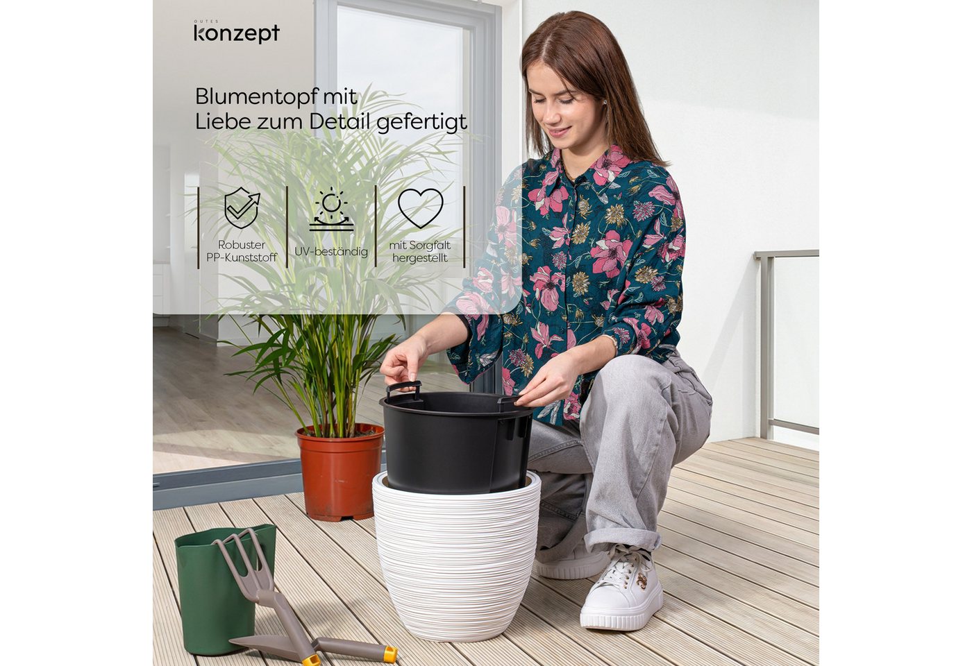 KONZEPT Blumentopf Ø 30 cm aus Kunststoff mit Einsatz, Meißelstruktur, Ovale Form, Herausnehmbarer Pflanzeinsatz, Indoor, Outdoor, Wetterfest Bild 2