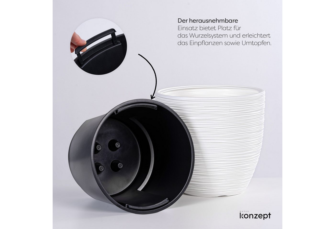 KONZEPT Blumentopf Ø 30 cm aus Kunststoff mit Einsatz, Meißelstruktur, Ovale Form, Herausnehmbarer Pflanzeinsatz, Indoor, Outdoor, Wetterfest Bild 3