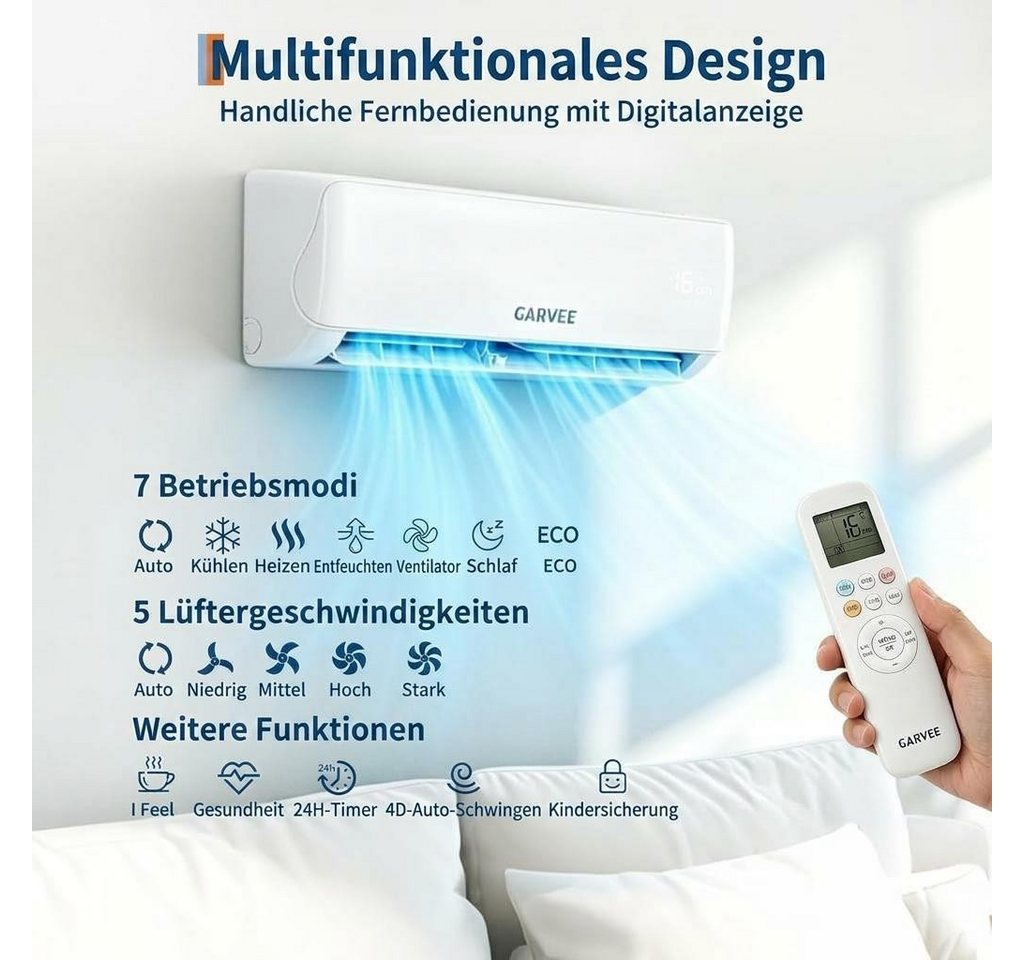 GarveeMore Split-Klimagerät 18000BTU 7Mode Wandgerät Mit Wärmepumpe,Wifi/App Epicooler Klimaanlage, Leise56Db,Timerfunktion,Montagematerial,Klima Splitgerät Kühlen&Heizen Bild 3