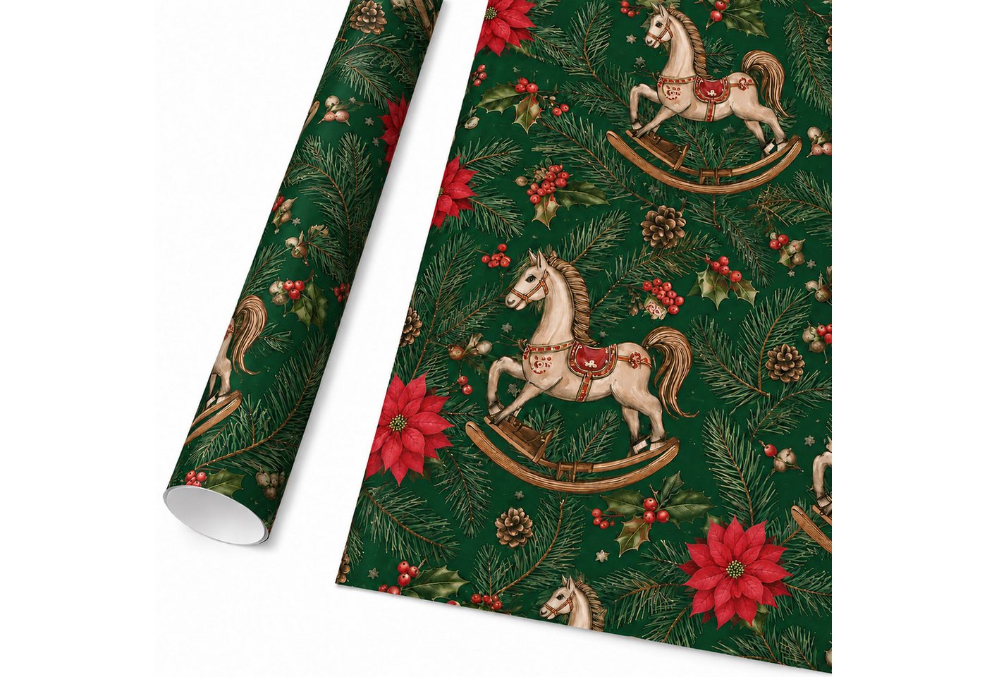 Star Geschenkpapier, Geschenkpapier Schaukelpferd 70cm x 2m Rolle Grün Rot Beige