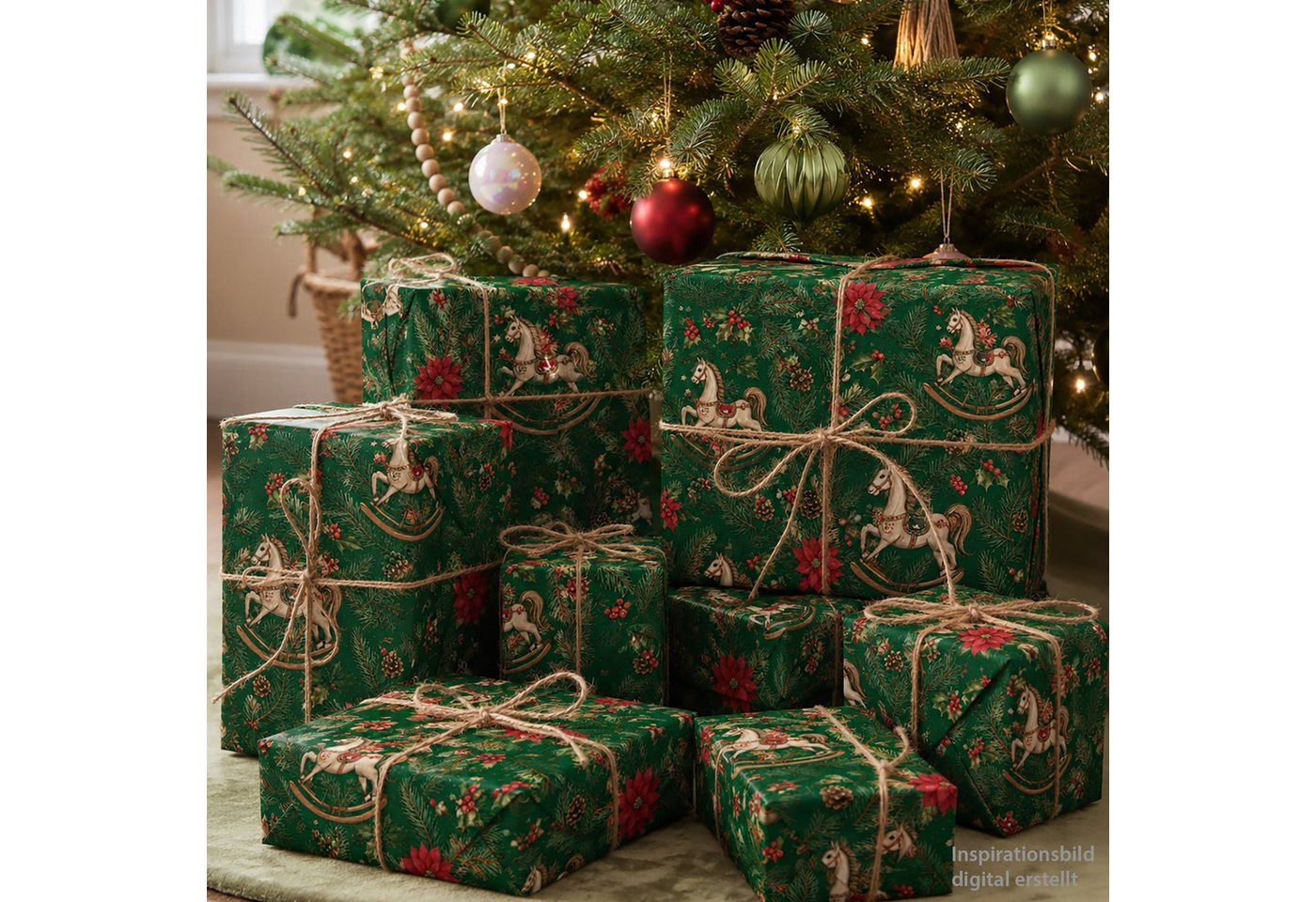 Star Geschenkpapier, Geschenkpapier Schaukelpferd 70cm x 2m Rolle Grün Rot Beige Bild 3