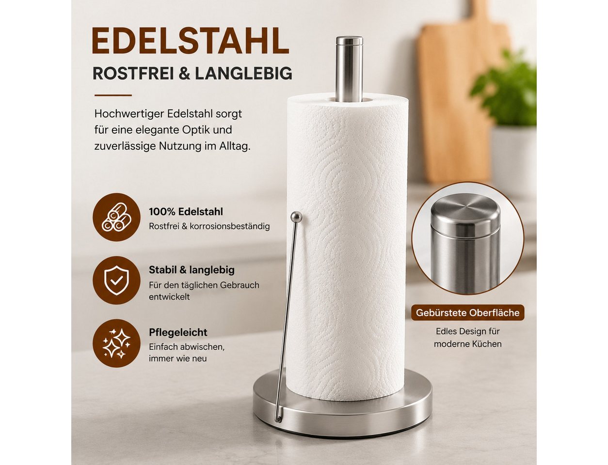 ibettertec Küchenrollenhalter stehend,Küchenpapierständer,Papierrollenhalter Küche, (mit schwerem Standfuß,Edelstahl Premium, Abrollstopp), rutschfest für Küche und Haushalt Bild 2