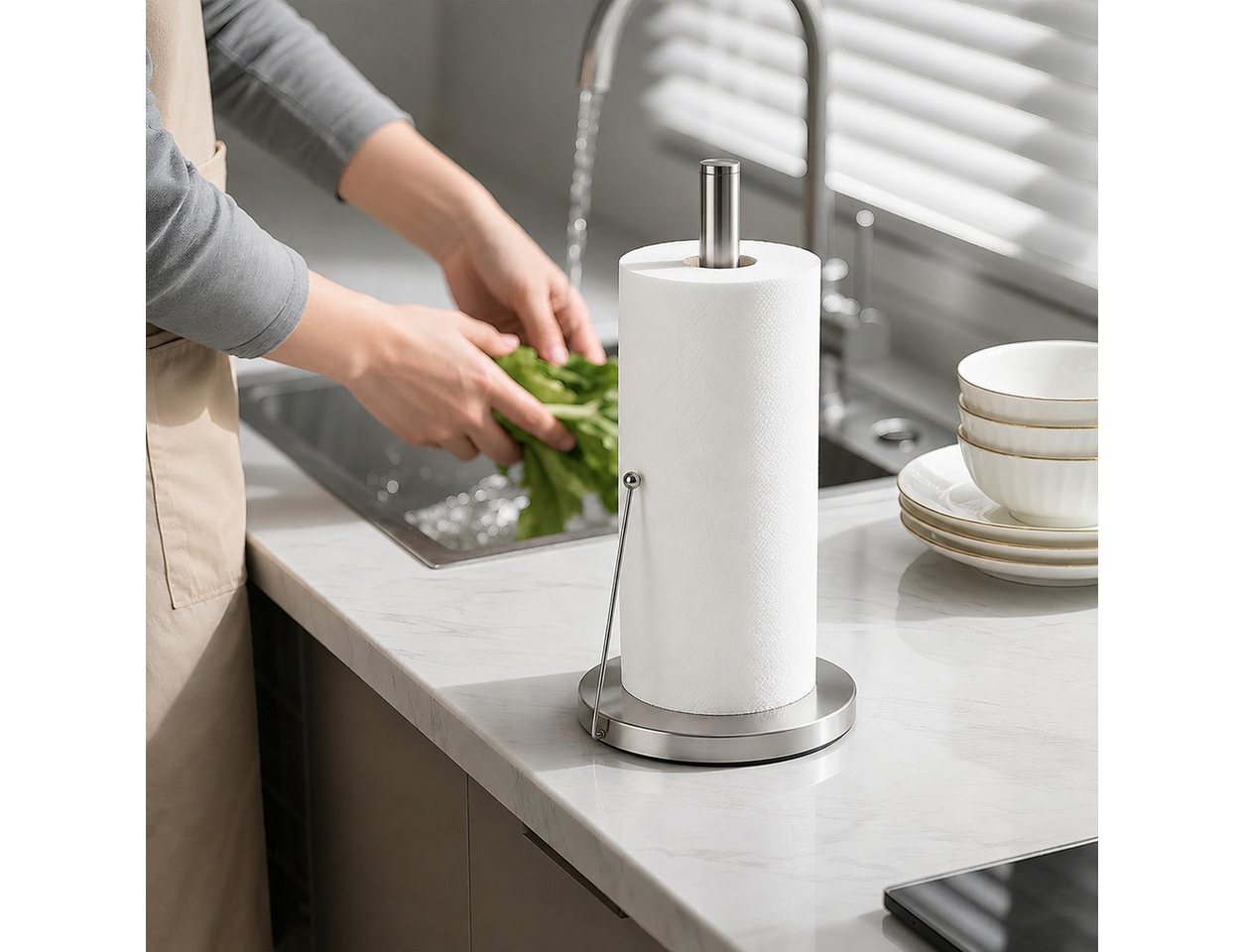 ibettertec Küchenrollenhalter stehend,Küchenpapierständer,Papierrollenhalter Küche, (mit schwerem Standfuß,Edelstahl Premium, Abrollstopp), rutschfest für Küche und Haushalt Bild 3