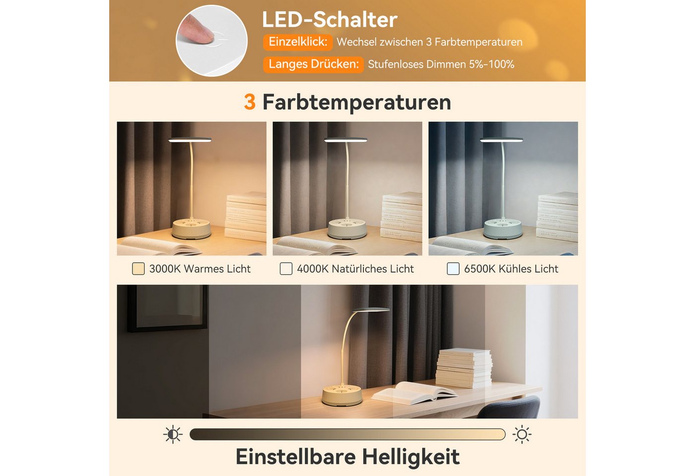 Aigostar Steckdosenleuchte Touch-Tischlampe mit USB & Typ-C, 3 Farben, Dimmen,Weiß