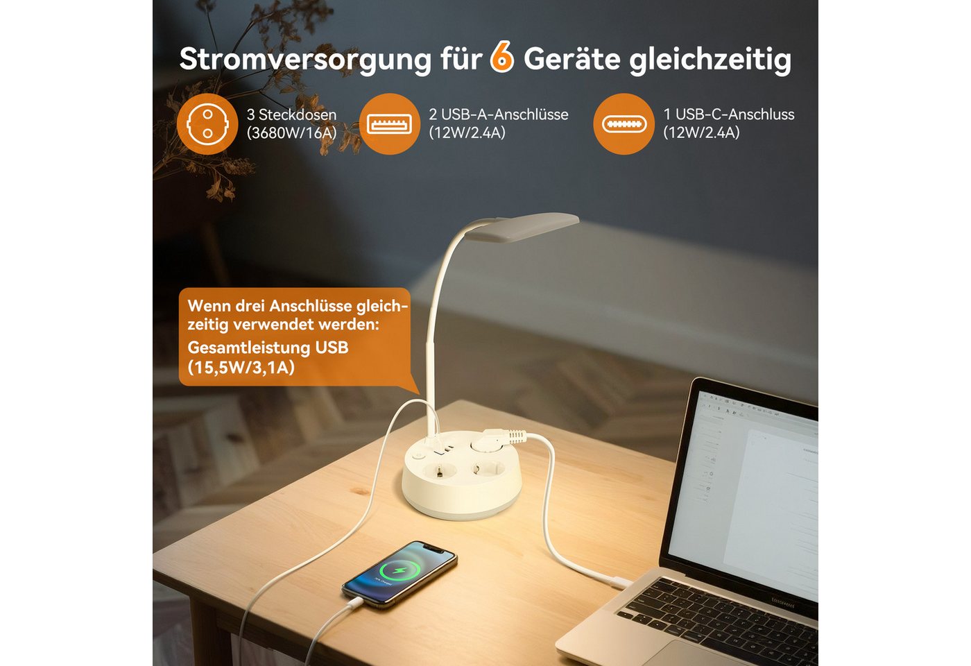 Aigostar Steckdosenleuchte Touch-Tischlampe mit USB & Typ-C, 3 Farben, Dimmen,Weiß Bild 3