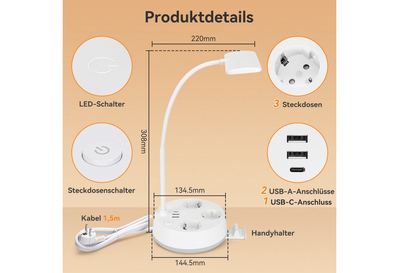 Aigostar Steckdosenleuchte Touch-Tischlampe mit USB & Typ-C, 3 Farben, Dimmen,Weiß Bild 4