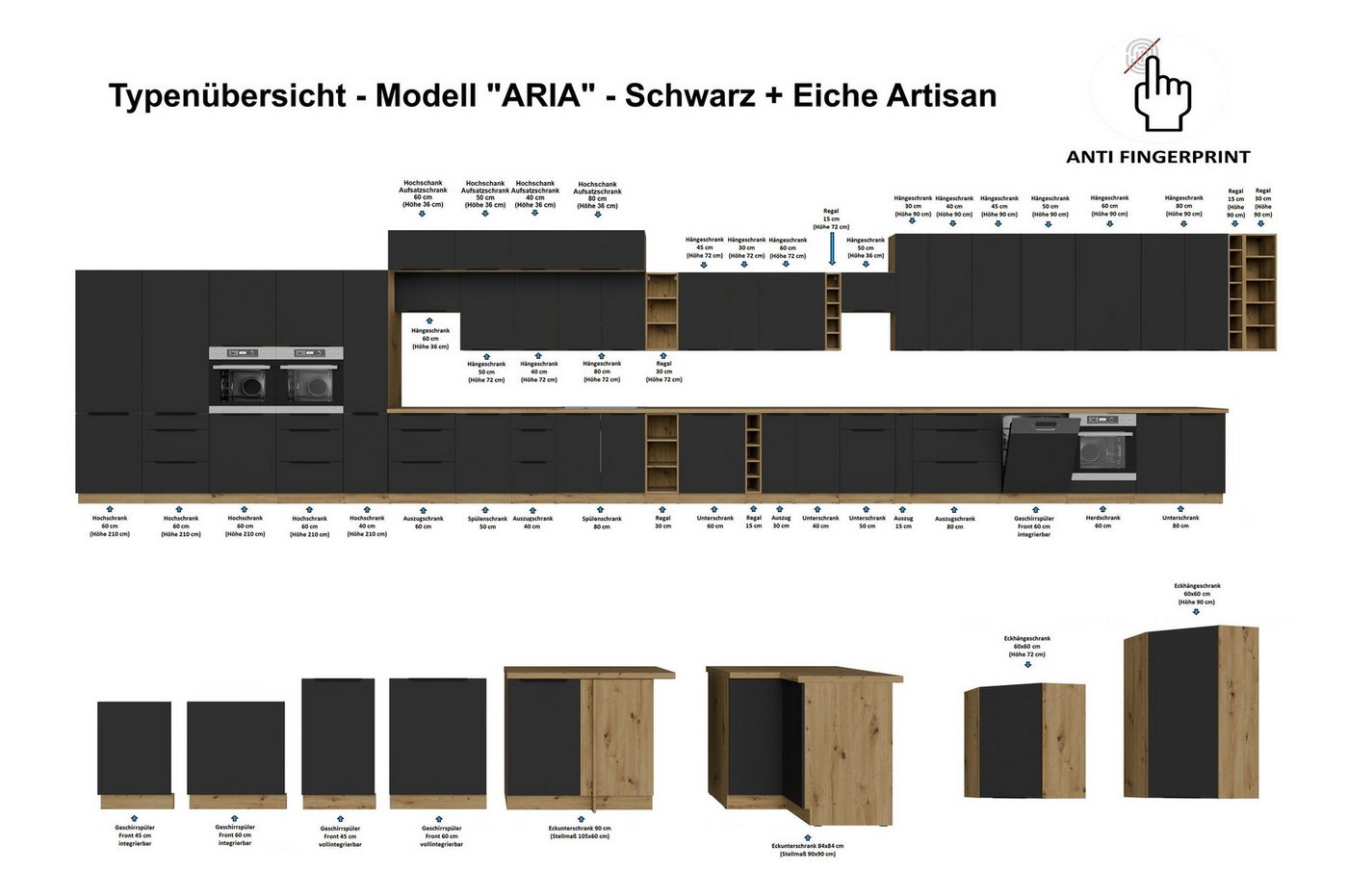Küchen-Preisbombe Hängeschrank 40 cm Küche ARIA Schwarz Küchenzeile Küchenblock Anti Fingerprint
