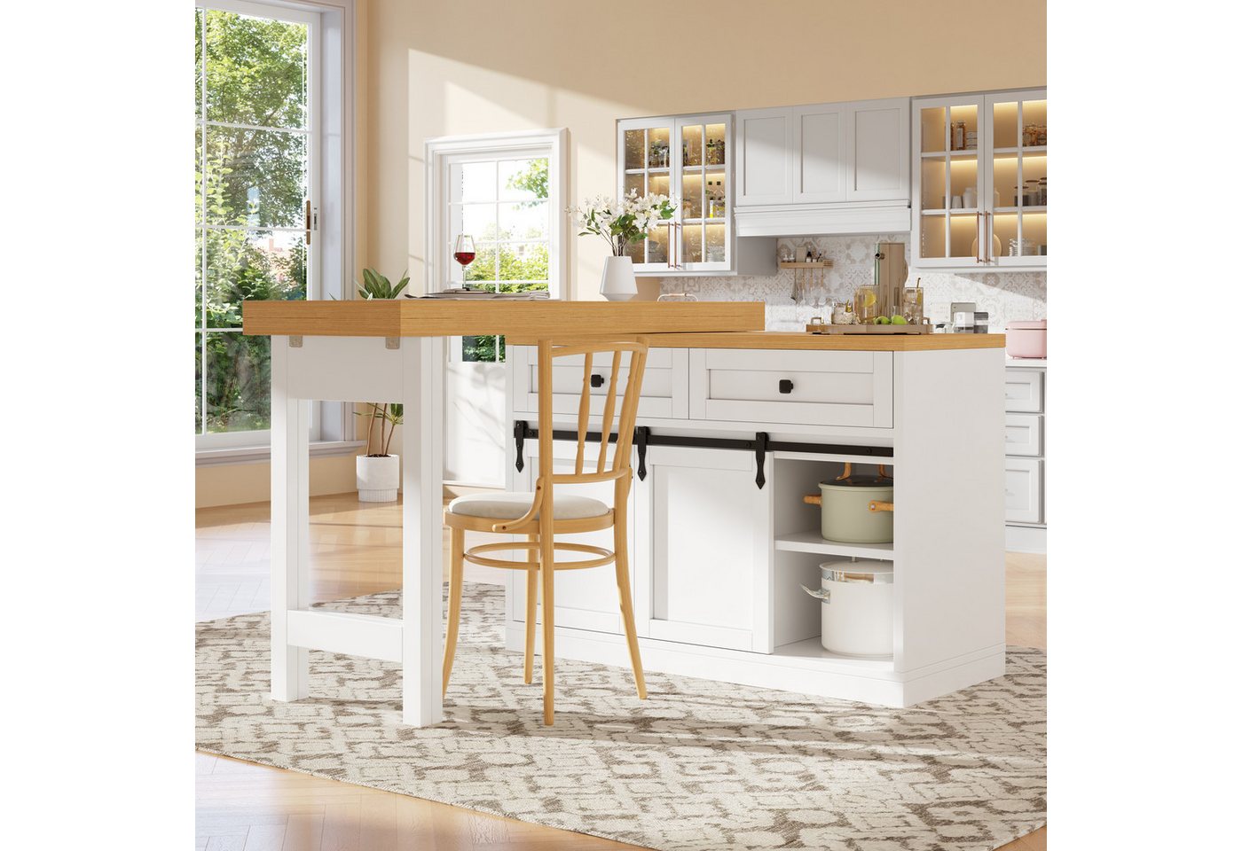 Flieks Kücheninsel mit Arbeitsplatte Holzoptik, Schiebetüren, 360° drehbar&klappbar Tisch, (verstellbare Länge 120-197/T40-80/H73.5 cm), Esstisch & Küchenschrank mit Schubladen, verstellbare Ablagen Weiß