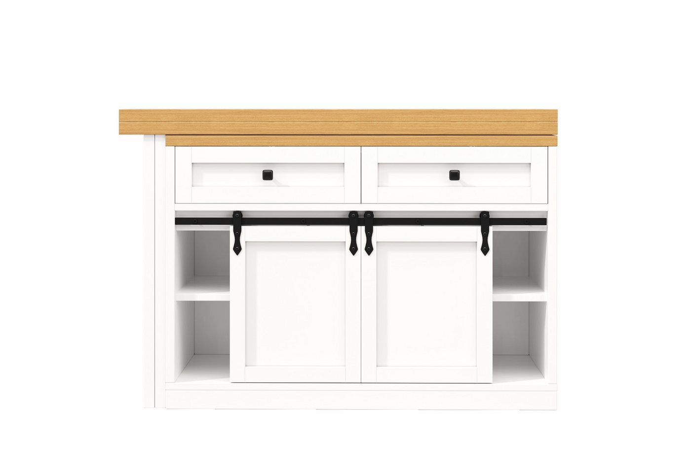 Flieks Kücheninsel mit Arbeitsplatte Holzoptik, Schiebetüren, 360° drehbar&klappbar Tisch, (verstellbare Länge 120-197/T40-80/H73.5 cm), Esstisch & Küchenschrank mit Schubladen, verstellbare Ablagen Weiß Bild 2