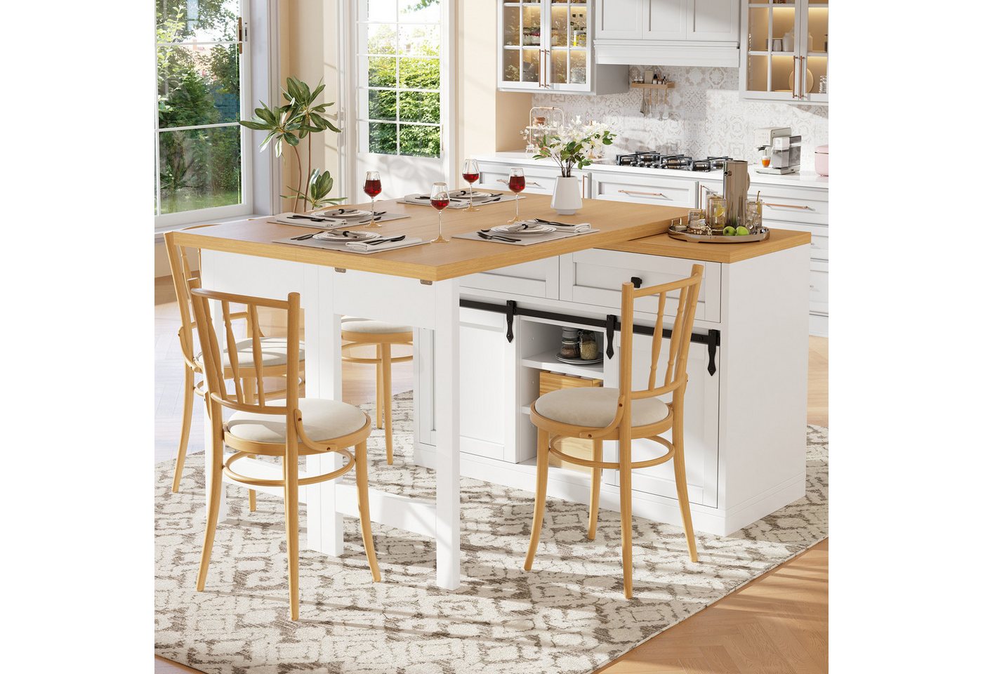 Flieks Kücheninsel mit Arbeitsplatte Holzoptik, Schiebetüren, 360° drehbar&klappbar Tisch, (verstellbare Länge 120-197/T40-80/H73.5 cm), Esstisch & Küchenschrank mit Schubladen, verstellbare Ablagen Weiß Bild 3