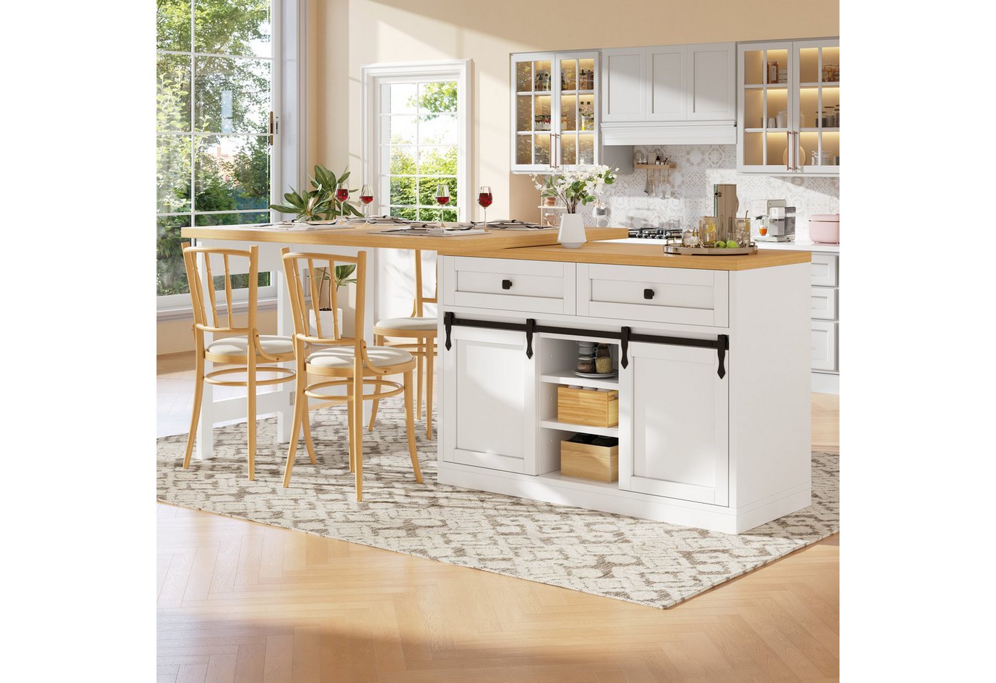 Flieks Kücheninsel mit Arbeitsplatte Holzoptik, Schiebetüren, 360° drehbar&klappbar Tisch, (verstellbare Länge 120-197/T40-80/H73.5 cm), Esstisch & Küchenschrank mit Schubladen, verstellbare Ablagen Weiß Bild 4