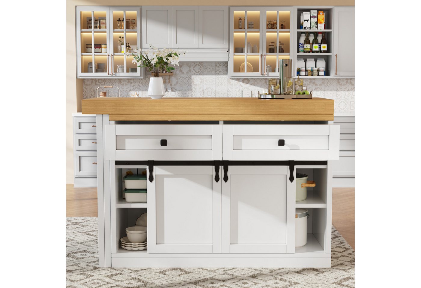 Flieks Kücheninsel mit Arbeitsplatte Holzoptik, Schiebetüren, 360° drehbar&klappbar Tisch, (verstellbare Länge 120-197/T40-80/H73.5 cm), Esstisch & Küchenschrank mit Schubladen, verstellbare Ablagen Weiß Bild 5