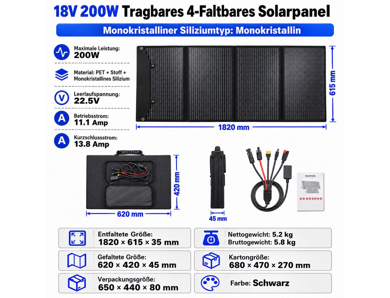 GLIESE Solarmodul 200W 18V – Faltbar, 5,2 kg, 4-in-1 Kabel, für Camping & Powerstation, Kompatibel mit 12V/24V Kraftwerken, Kühlboxen, Laptops,kleines Faltmaß Bild 2