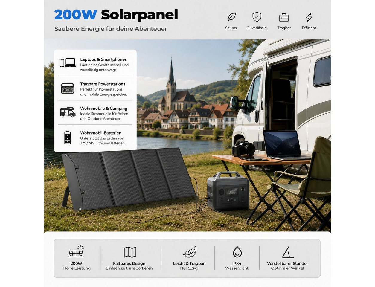GLIESE Solarmodul 200W 18V – Faltbar, 5,2 kg, 4-in-1 Kabel, für Camping & Powerstation, Kompatibel mit 12V/24V Kraftwerken, Kühlboxen, Laptops,kleines Faltmaß Bild 5