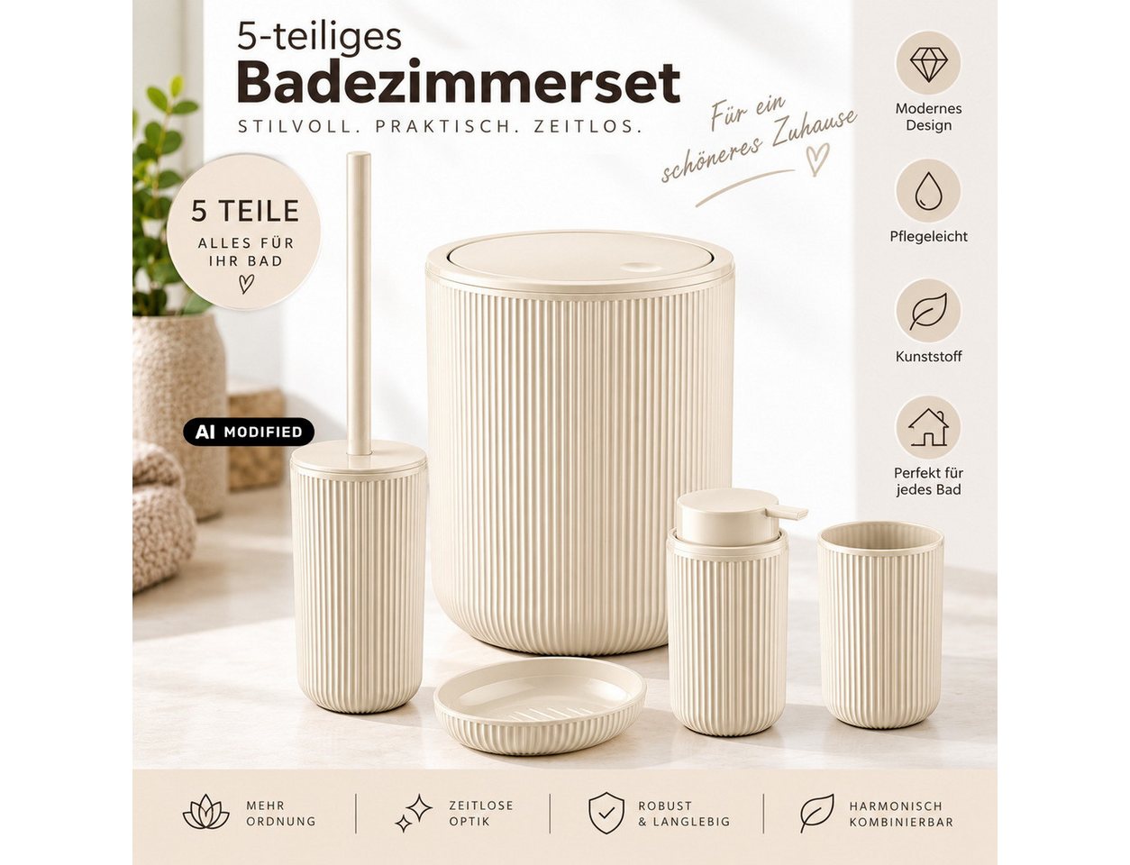 axentia Badaccessoire-Set Bad-Set Badezimmerset Badezimmer-Ausstattung, 5-teiliges Badset, Kosmetikeimer Seifenschale Seifenspender WC-Bürste Zahnputzbecher