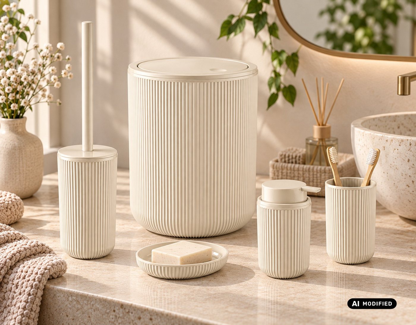 axentia Badaccessoire-Set Bad-Set Badezimmerset Badezimmer-Ausstattung, 5-teiliges Badset, Kosmetikeimer Seifenschale Seifenspender WC-Bürste Zahnputzbecher Bild 2