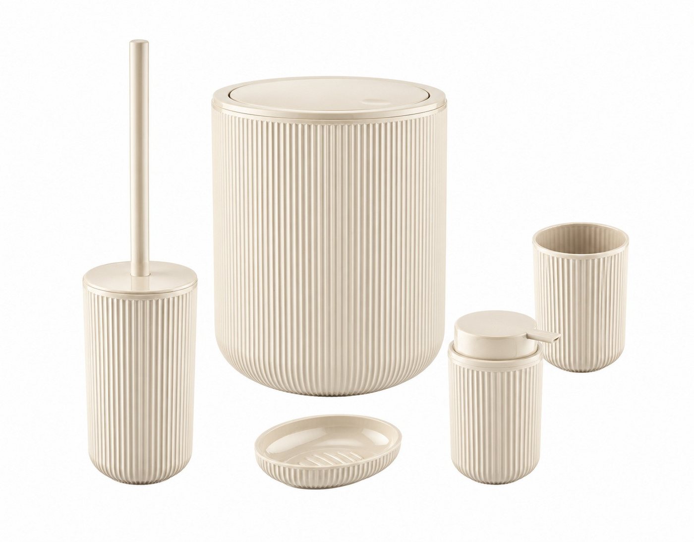 axentia Badaccessoire-Set Bad-Set Badezimmerset Badezimmer-Ausstattung, 5-teiliges Badset, Kosmetikeimer Seifenschale Seifenspender WC-Bürste Zahnputzbecher Bild 3