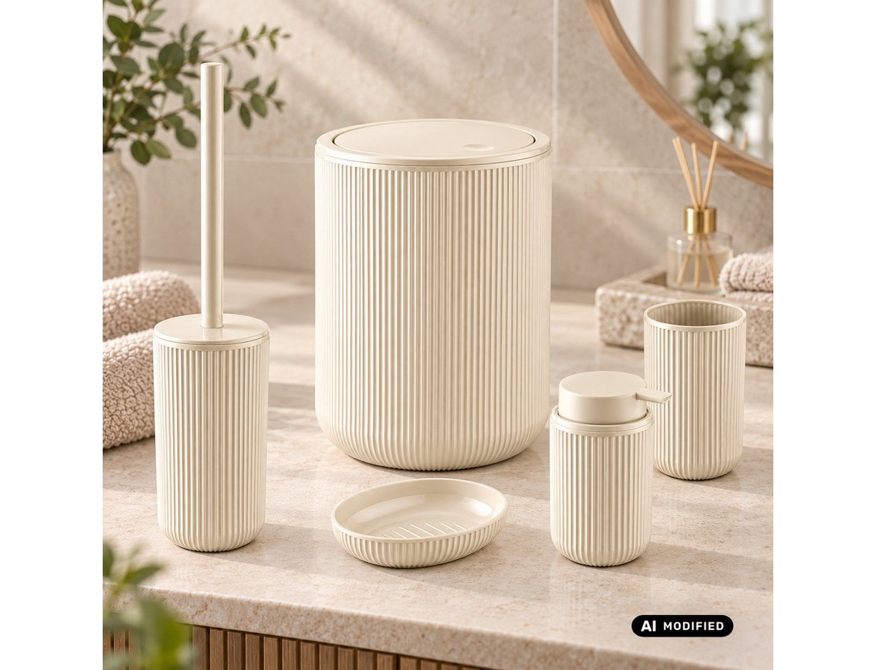 axentia Badaccessoire-Set Bad-Set Badezimmerset Badezimmer-Ausstattung, 5-teiliges Badset, Kosmetikeimer Seifenschale Seifenspender WC-Bürste Zahnputzbecher Bild 4
