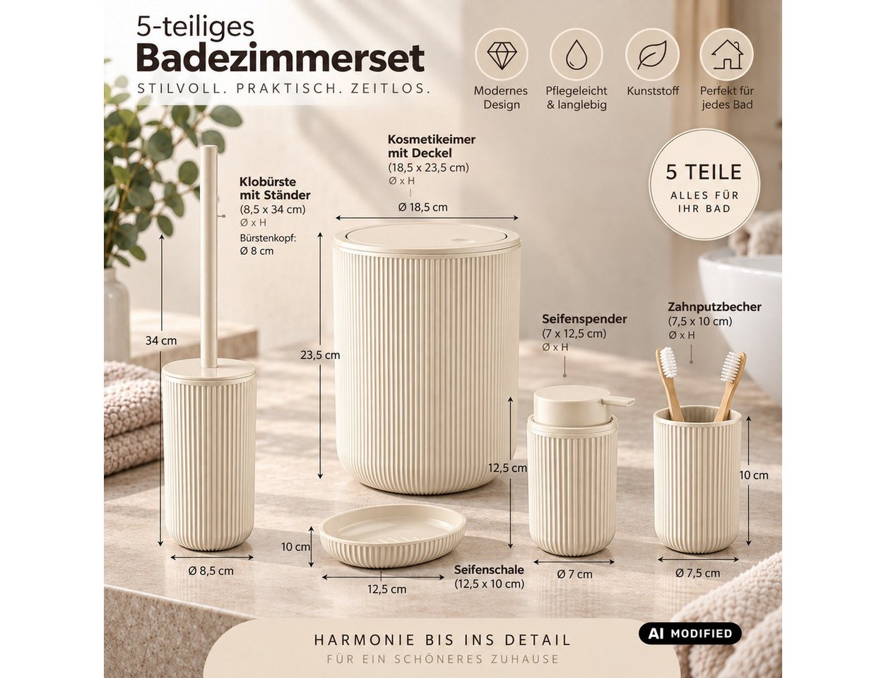 axentia Badaccessoire-Set Bad-Set Badezimmerset Badezimmer-Ausstattung, 5-teiliges Badset, Kosmetikeimer Seifenschale Seifenspender WC-Bürste Zahnputzbecher Bild 5