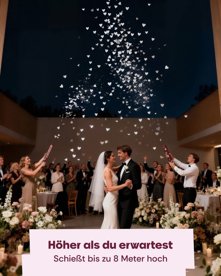 Partyjoker Konfetti Konfettikanone Herzen Weiß - FSC Konfetti - 5-8 m Strahl - Party, FSC Papier Konfetti – Sicherer 8m Strahl Hochzeit